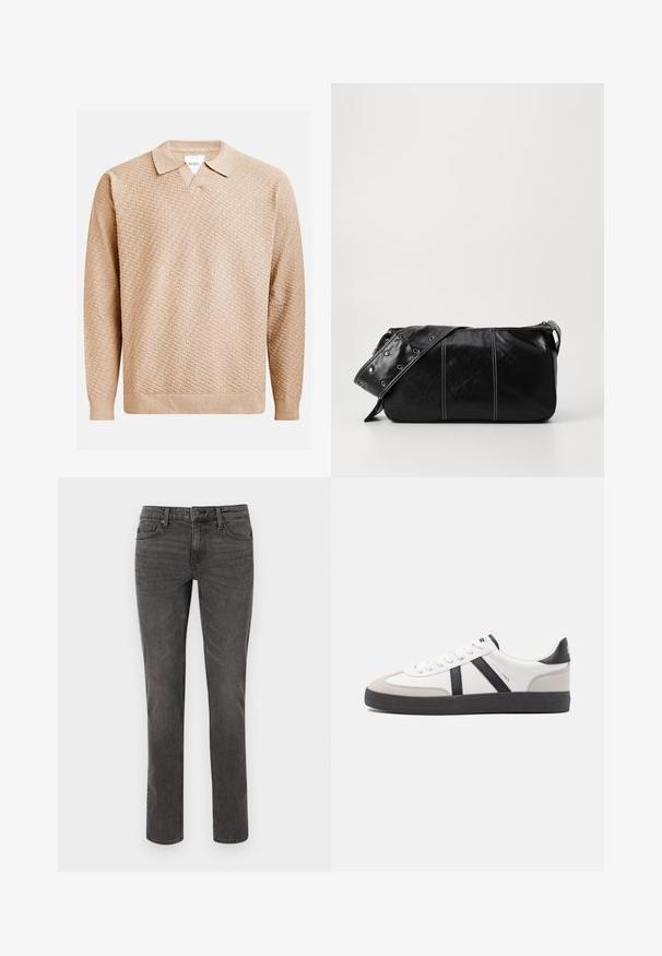 Maglione beige lavorato a maglia con un motivo testurizzato, dotato di un colletto classico e polsini a costine. Realizzato in materiale morbido e leggero.; Jeans in denim grigio con taglio dritto, dettagli cuciti, cinque tasche e chiusura con bottone metallico in vita.; Sneaker bianco con accenti neri e grigi, dotata di una punta grigia testurizzata, suola in gomma nera e lacci bianchi piatti. Design pulito, stile minimalista.; Borsa a spalla in pelle nera con chiusura a zip, caratterizzata da un corpo testurizzato, cuciture bianche e una tracolla con occhielli in argento.