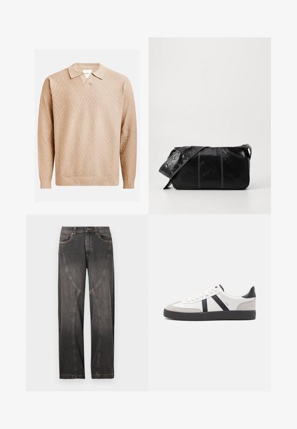 Beige gebreide trui met een gestructureerd patroon, voorzien van een klassieke kraag en ribgebreide manchetten. Gemaakt van zacht, lichtgewicht materiaal.; Zwarte wijde jeans met contrasterende stiksels en een gebogen paneelontwerp aan de voorkant, voorzien van riemlussen en voorzakken.; Witte sneaker met zwarte en grijze accenten, voorzien van een grijze neus met textuur, zwarte rubberen zool en platte witte veters. Schoon ontwerp, minimalistische stijl.; Zwarte leren schoudertas met een ritsluiting, voorzien van een gestructureerd lichaam, witte stiksels en een band met zilveren oogjes.
