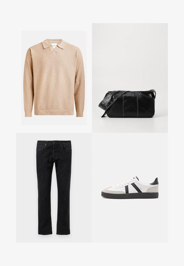 Bēša adīta džemperis ar teksturētu rakstu, kuram ir klasiskā apkakle un ribotās piedurknes. Izgatavots no mīksta, viegla materiāla.; Melnas denima bikses ar taisnām kājām, piecas kabatas, nedaudz izbalējušas vietas un oranžā šuvumu akcenti.; Baltas sneakeris ar melniem un pelēkiem akcentiem, kuram ir teksturēts pelēks purngals, melna gumijas zole un plakanas baltas šņores. Tīrs dizains, minimālisma stils.; Melnas ādas plecu soma ar rāvējslēdzēja aizdari, ar teksturētu virsmu, baltu dūrienu un siksnu ar sudraba iekavām.