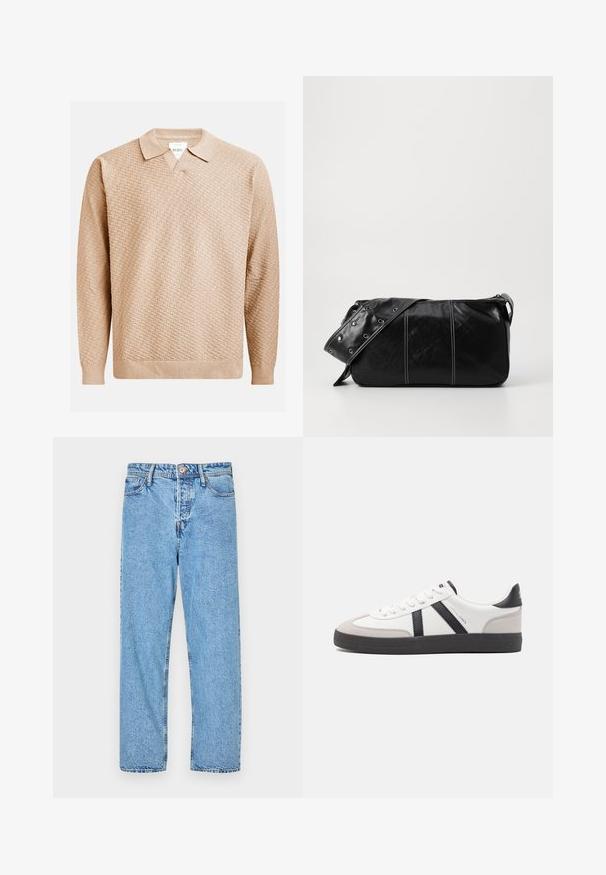 Bežikani pulover s teksturiranim uzorkom, s klasičnim ovratnikom i rebrastim manžetama. Izrađen od mekanog, laganog materijala.; Svijetloplave traperice s ravnim nogavicama, pet džepova, vidljivim šavovima i zatvaračem na gumbe.; Bijele tenisice s crnim i sivim detaljima, s teksturiranim sivim zaštitnikom prstiju, crnim gumene potplate i ravnim bijelim vezicama. Čist dizajn, minimalistički stil.; Crna kožna torba preko ramena s zatvaranjem na patentni zatvarač, s teksturiranim tijelom, bijelim šavovima i remenom sa srebrnim okovima.