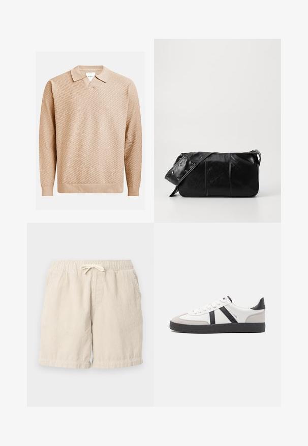 Beżowy sweter dzianinowy o teksturowanym wzorze, z klasycznym kołnierzykiem i ściągaczami na rękawach. Wykonany z miękkiego, lekkiego materiału.; Beżowe szorty z kordurowego materiału z elastycznym pasem i sznurkiem, z bocznymi kieszeniami i teksturowanym, żeberkowym wzorem.; Białe sneakersy z czarnymi i szarymi akcentami, z teksturowanym szarym czubkiem, czarną gumową podeszwą i płaskimi białymi sznurowadłami. Czysty design, minimalistyczny styl.; Czarna skórzana torba na ramię z zamkiem błyskawicznym, charakteryzująca się teksturowanym korpusem, białymi przeszyciami oraz paskiem z srebrnymi osłonkami.