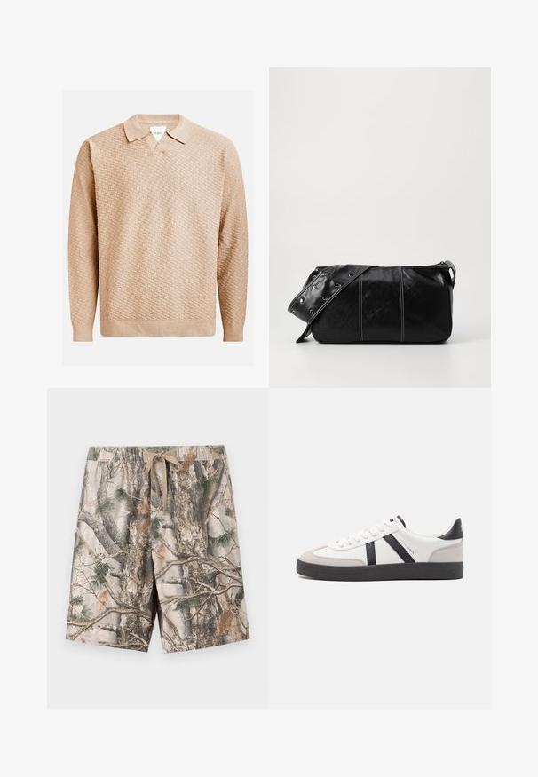 Suéter de punto beige con un patrón texturizado, que presenta un cuello clásico y puños acanalados. Confeccionado en un material suave y ligero.; pantalones cortos de camuflaje hechos de tejido ligero; cuentan con una cinturilla elástica con cordón; los colores incluyen beige, marrón y verde.; Zapatilla blanca con acentos en negro y gris, que presenta una puntera texturizada en gris, suela de goma negra y cordones planos blancos. Diseño limpio, estilo minimalista.; Bolso de hombro de cuero negro con cierre de cremallera, que presenta un cuerpo texturizado, costuras blancas y una correa con ojales plateados.