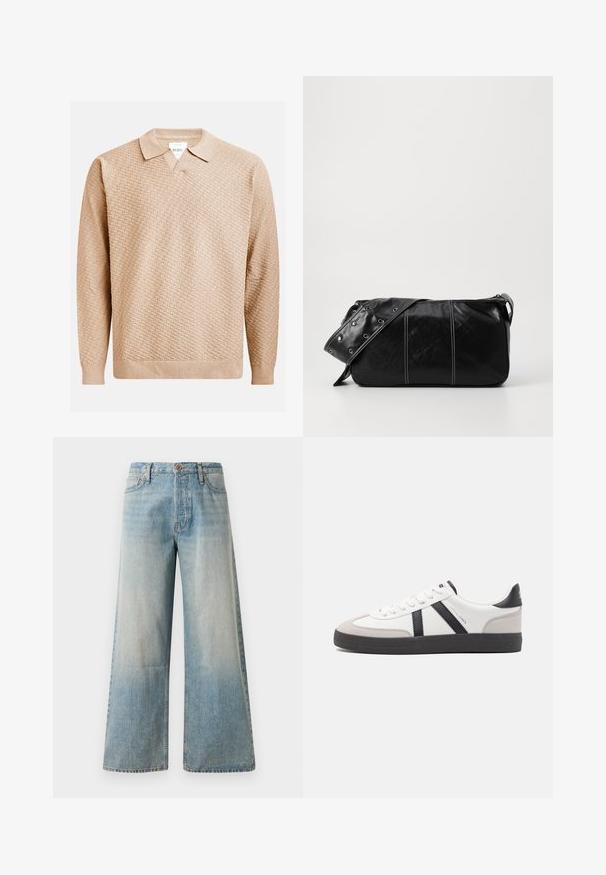 Beige neulepusero, jossa on teksturoitu kuvio, klassinen kaulus ja resorit hihansuissa. Valmistettu pehmeästä, kevyestä materiaalista.; Vaaleansiniset leveälahkeiset farkut, jotka on valmistettu denimistä. Ominaisuuksiin kuuluu korkea vyötärö, nappikiinnitys ja hillitty häänteys sekä sileä pinta ja ommellut saumat.; Valkoiset lenkkarit mustilla ja harmailla yksityiskohdilla, joissa on teksturoitu harmaa kärki, musta kumipohja ja litteät valkoiset nauhat. Siisti muotoilu, minimalistinen tyyli.; Mustakulmainen nahkainen olkalaukku, jossa on vetoketjukiinnitys, teksturoitu pinta, valkoiset ompeleet ja hihna, jossa on hopeiset niitit.