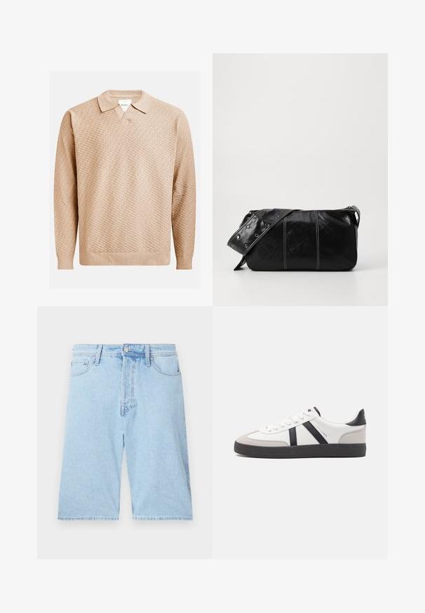 Beżowy sweter dzianinowy o teksturowanym wzorze, z klasycznym kołnierzykiem i ściągaczami na rękawach. Wykonany z miękkiego, lekkiego materiału.; Jasnoniebieskie szorty dżinsowe o prostym kroju, pięć kieszeni i zapięcie na guzik z przodu. Miękka struktura z minimalnym wyblaknięciem.; Białe sneakersy z czarnymi i szarymi akcentami, z teksturowanym szarym czubkiem, czarną gumową podeszwą i płaskimi białymi sznurowadłami. Czysty design, minimalistyczny styl.; Czarna skórzana torba na ramię z zamkiem błyskawicznym, charakteryzująca się teksturowanym korpusem, białymi przeszyciami oraz paskiem z srebrnymi osłonkami.