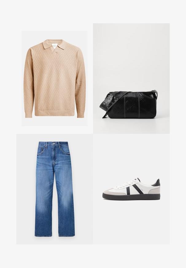 Beige stickad tröja med ett texturerat mönster, med en klassisk krage och ribbade ärmslut. Tillverkad av mjukt, lätt material.; Ljust blå denimjeans med vida ben, som har fem fickor, en framknäppning och subtil blekning framtill.; Vit sneaker med svarta och grå accenter, med en strukturerad grå tådel, svart gummisul, och platta vita skosnören. Ren design, minimalistisk stil.; Svart läder axelväska med dragkedjestängning, som har en texturerad yta, vit sömnad och ett bälte med silveröglor.