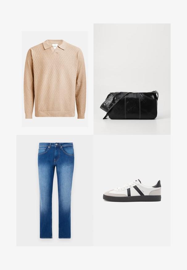 Bēša adīta džemperis ar teksturētu rakstu, kuram ir klasiskā apkakle un ribotās piedurknes. Izgatavots no mīksta, viegla materiāla.; Gaiši zili džinsi ar pakāpenisku izbalēšanu, taisna kāja, pieci kabatas un kontrastējošs apelsīnu diegs šuvēs. Klasiķu džinsu tekstūra.; Baltas sneakeris ar melniem un pelēkiem akcentiem, kuram ir teksturēts pelēks purngals, melna gumijas zole un plakanas baltas šņores. Tīrs dizains, minimālisma stils.; Melnas ādas plecu soma ar rāvējslēdzēja aizdari, ar teksturētu virsmu, baltu dūrienu un siksnu ar sudraba iekavām.