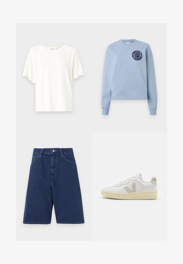 Felpa di cotone azzurro chiaro con maniche lunghe e colletto a girocollo. Presenta un design grafico circolare color navy sul lato sinistro del petto. Tessuto morbido.; T-shirt bianco a maniche corte realizzato in tessuto morbido, con una vestibilità rilassata, scollatura rotonda e un sottile dettaglio del logo sul petto.; Shorts in denim blu navy con un design tradizionale a cinque tasche, passanti per cintura e chiusura frontale con bottone. Texture liscia con cuciture visibili.; Sneaker in pelle bianca con dettagli in suede beige, punta perforata, lacci piatti e suola testurizzata color crema. Presenta un logo discreto sul tallone.