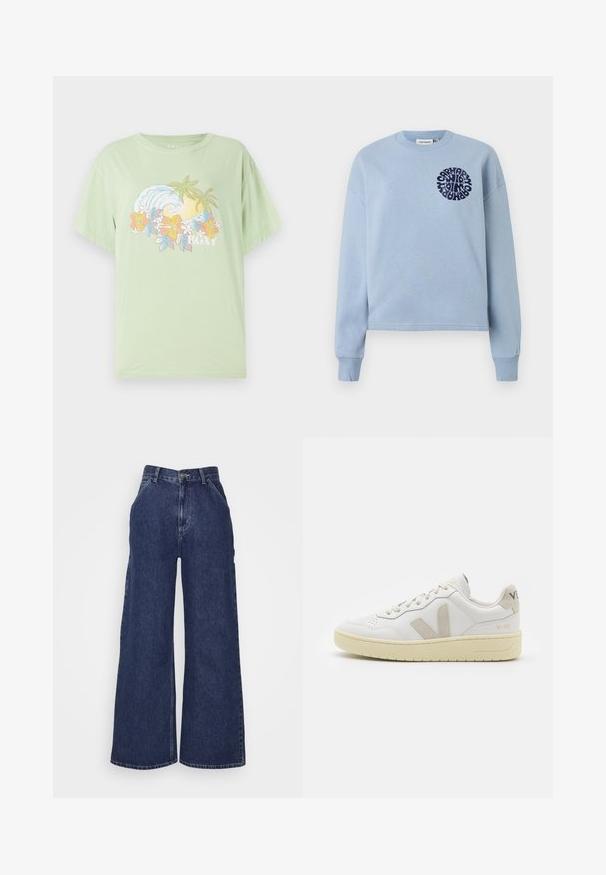 Hanorac din bumbac de culoare albastru deschis, cu mâneci lungi și gât rotund. Prezintă un design grafic circular bleu marin pe pieptul stâng. Textură moale.; Tricou scurt cu mânecă, de culoare verde deschis, cu un grafic de valuri și flori, având numele brandului "ROXY" scris cu alb. Material din bumbac moale.; Jeans din denim cu picioare largi, de culoare albastru închis, cu talie înaltă, buzunare frontale și fermoar cu buton metalic. Textură netedă și design clasic.; Pantofii sport din piele albă cu accente din suede bej, cutie pentru degete perforată, șireturi plate și o talpă texturată de crem. Prezintă branding subtil pe călcâi.