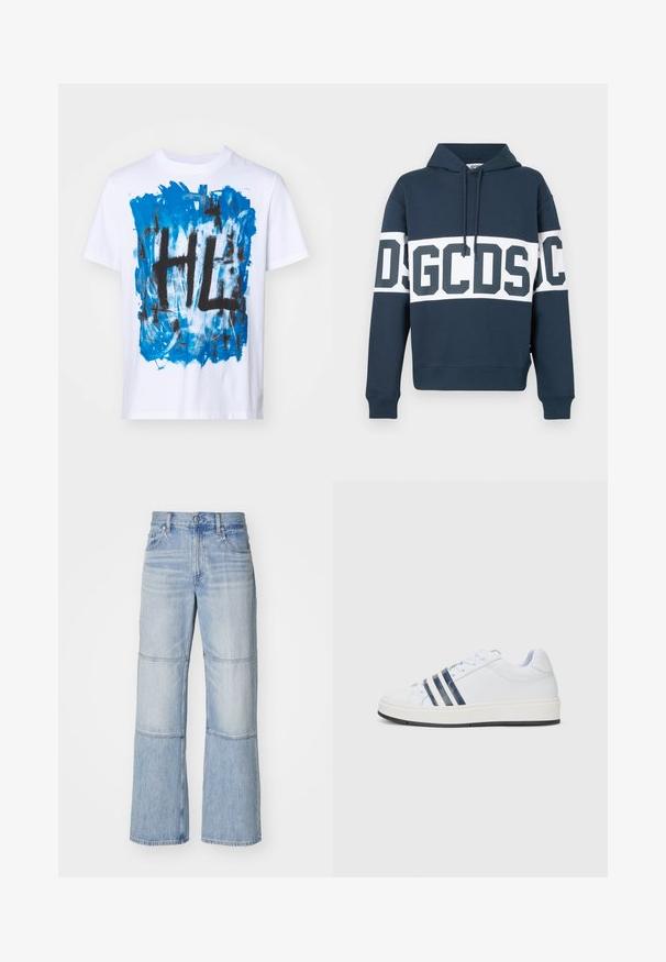 Tumesinise kapuutsiga sviiter, millel on valge horisontaalne triip rinnal ja kätes, triibul on suured tumesinised tähed "GCDS".; Valge puuvillane T-särk, millel on sinine abstraktne disain ja must "HL" tekst keskel. Lühikesed varrukad ja ümmargune kaelus.; Heledad sinine teksapüksid, millel on lai säärte disain, kontrastsed paneelid ja nähtav õmblus. Kõrge vöökohaga koos nööbist sulgemisega.; Valged tennised tumesiniste triipudega, kinnitatavad paeltega, sujuv sünteetiline materjal, lamedad kummist tallad ja õrnad tekstuurilised detailid kinga korpusel.