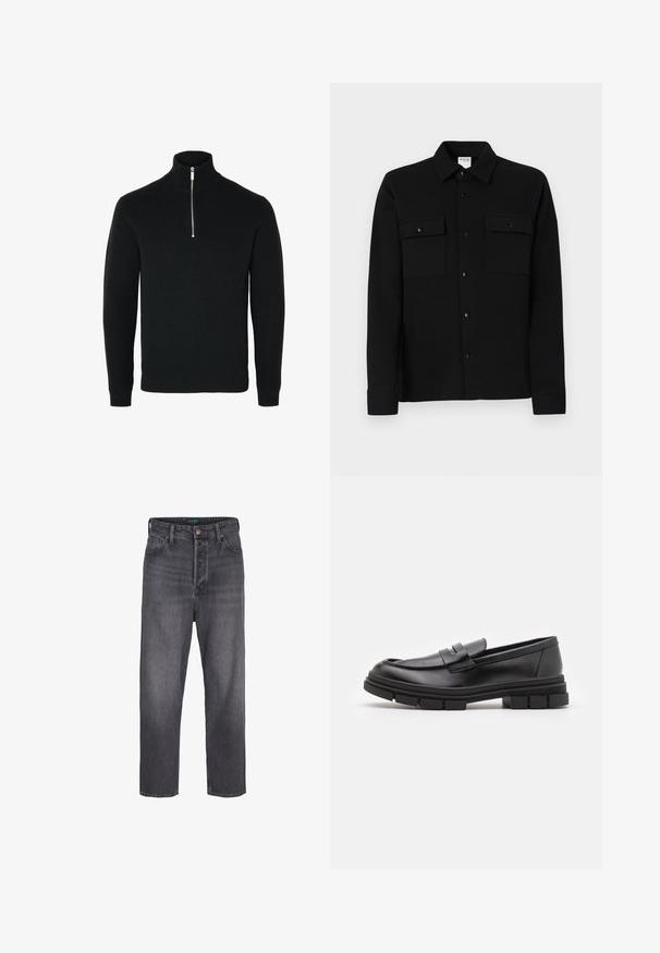 Černý pletený svetr se zipem a texturovaným designem, obsahující přední zip a žebrované manžety a lem.; Černá košile na knoflíky z hladkého materiálu, se dvěma náprsními kapsami, límcem s špičkami a manžetami na knoflíky. Jednoduchý design s minimálními detaily.; Tmavě šedé džíny z denimu s rovnými nohavicemi, vysokým pasem, pěticí kapsy a mírným vyblednutím. Kovový knoflík a zip jako uzávěr.; Černé kožené mokasíny s hladkým povrchem, se zapínáním vpředu a masivní gumovou podrážkou se vroubkovanými detaily.