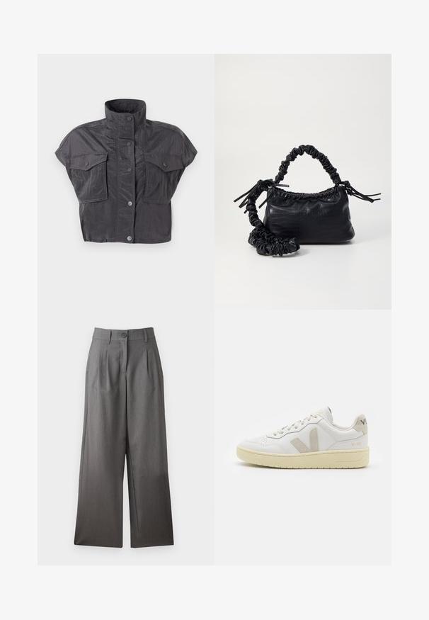 Maglione lavorato a maglia di colore crema con collo finto alto, spalle scese e polsini e orlo a costine. Il tessuto morbido e testurizzato aggiunge calore.; Giacca grigia corta con colletto alto, maniche corte, chiusura con bottoni e due tasche sul petto. Realizzata in un tessuto stropicciato e testurizzato.; Pantaloni a gamba larga in tessuto grigio scuro, caratterizzati da una chiusura con bottone, pieghe sul davanti e una texture liscia. Nessun motivo o dettaglio visibile.; Sneaker in pelle bianca con dettagli in suede beige, punta perforata, lacci piatti e suola testurizzata color crema. Presenta un logo discreto sul tallone.; Borsa a tracolla in ecopelle nera con texture a coccodrillo, apertura cinchata e tracolla arricciata. Si presenta con un design morbido e compatto.