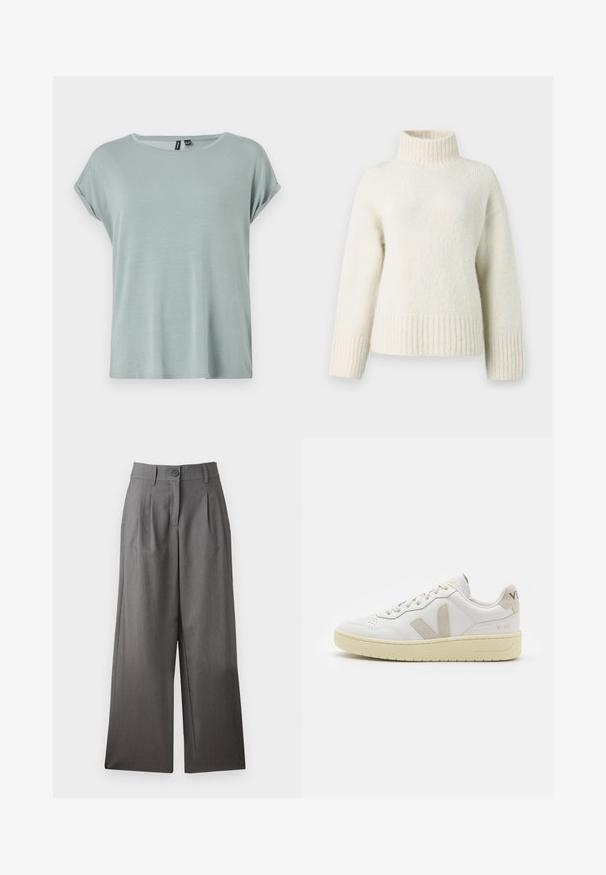 Maglione lavorato a maglia di colore crema con collo finto alto, spalle scese e polsini e orlo a costine. Il tessuto morbido e testurizzato aggiunge calore.; T-shirt verde chiaro con una vestibilità rilassata, maniche corte arrotolate e scollatura rotonda. Tessuto morbido e liscio con un design leggermente ampio.; Pantaloni a gamba larga in tessuto grigio scuro, caratterizzati da una chiusura con bottone, pieghe sul davanti e una texture liscia. Nessun motivo o dettaglio visibile.; Sneaker in pelle bianca con dettagli in suede beige, punta perforata, lacci piatti e suola testurizzata color crema. Presenta un logo discreto sul tallone.