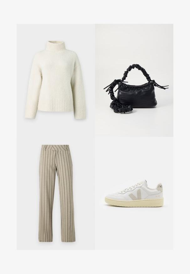 Krämfärgad stickad tröja med hög ståkrage, nedfallna axlar och ribbade ärmslut samt nederkant. Mjuk, texturerad tyg ger värme.; Beige randiga byxor med vida ben, tillverkade av lätt tyg, med hög midja och rak passform samt sidofickor.; Vita lädersneakers med beige mockadetaljer, perforerad tåbox, platta snören och en texturerad krämfärgad sula. Har diskret varumärkning på hälen.; Svart faux läderhandväska med krokodiltextur, snodd topp och en skrämd rem. Ser mjuk och kompakt ut i designen.
