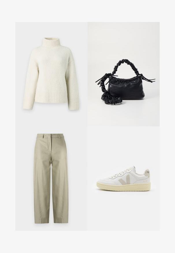 Crèmegekleurde gebreide trui met een hoge neklijn, verlaagde schouders en geribde manchetten en zoom. Zachte, gestructureerde stof heeft een warme uitstraling.; Beige, wijde broek gemaakt van een gladde stof. Heeft plooien, een rits en riemlussen. Rechte snit van taille tot zoom.; Witte leren sneaker met beige suède accenten, geperforeerde neus, platte veters en een gestructureerde crèmekleurige zool. Heeft subtiele branding op de hak.; Zwarte nepleer handtas met een krokodillenstructuur, opgedroogde bovenkant en een gekreukte hengsel. Het lijkt zacht en compact van ontwerp.