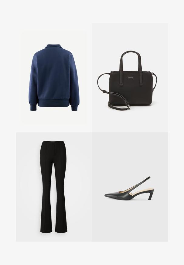 Navy blue pullover sweatshirt, featuring a collar, ribbed cuffs, and hem, made of a soft fabric with a smooth texture. No visible patterns or hardware.; Black flared trousers with ribbed texture, featuring a fitted waist and seam detailing, suitable for a variety of occasions.; Black pointy-toed slingback shoe with a low heel, featuring smooth leather material and cut-out design on the side for breathability.; Black handbag with dual short handles and a removable shoulder strap. Smooth leather-like material with a zip closure and logo detail.