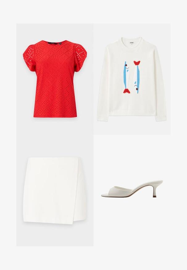 Pulover alb cu guler și manșete cu nervuri, având două pești brodați în albastru și roșu, cu ochi negri și gură zâmbitoare.; Top scurt roșu cu mâneci scurte, având un design texturat cu decupaje în formă de diamant și un finisaj neted. Decolteu rotund și mâneci volă.; Fustă albă tip sarafan cu o textură netedă și un design simplu, cu un tiv înclinat. Fără modele vizibile sau detalii metalice.; Mule-uri albe cu vârf deschis, cu toc înalt, cu un finisaj neted, design minimalist și un toc subțire, având un accent subtil de culoare maroniu pe talpă.