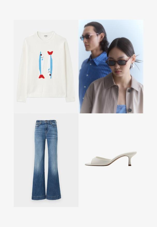 Maglione bianco con colletto e polsini a costine presenta due pesci ricamati in blu e rosso con occhi neri e bocche sorridenti.; Jeans in denim blu con gamba ampia e vita alta, caratterizzati da una sfumatura più chiara sulla parte inferiore e dettagli cuciti all'orlo. Design classico a cinque tasche.; Mule con tacco alto, aperti davanti e di colore bianco, con una finitura liscia, design minimalista e tacco slanciato, caratterizzati da un sottile accento marrone sulla suola.; Occhiali da sole rettangolari marroni con lenti scure. Una persona indossa una giacca beige con colletto; l'altra indossa una camicia a righe blu.
