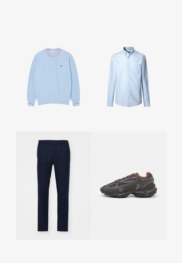 Sweat-shirt bleu clair avec un col rond, des poignets côtelés et un col rayé multicolore. Présente un petit logo vert sur la poitrine.; Chemise bleu clair à manches longues avec de fines rayures blanches, col boutonné, poche avant et fermetures à boutons. Tissu en coton lisse.; NN.07 THEO - Pantalon classique - dark blue; Baskets Lacoste en gris foncé, en matériau mesh et synthétique, avec une semelle texturée et des accents marron sur le col et le branding.