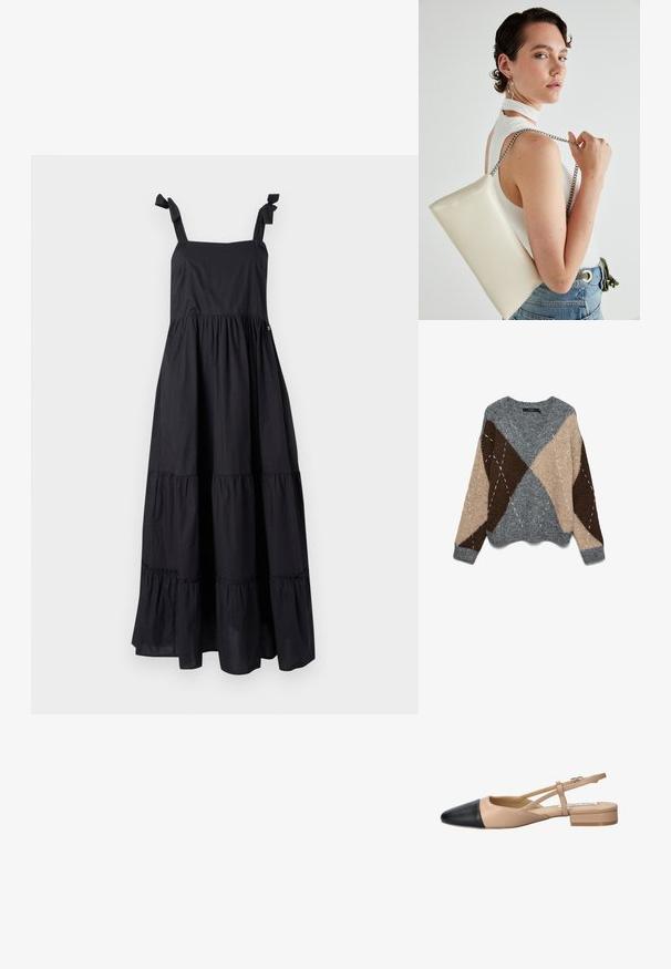 Suéter de malha cinza, bege e castanho com padrão de diamante, decote redondo largo e acabamento texturizado. Apresenta detalhes contrastantes de costura branca.; Vestido longo preto com alças atadas, decote quadrado e design em camadas com babados. Feito de um tecido leve com uma textura suave.; Sapato slingback bicolor em bege e preto, com bico apontado, salto baixo e detalhe de tira cruzada. Textura de couro suave.; Bolsa de mão retangular branca, feita de material brilhante, com uma alça em corrente prateada. Modelo posa, exibindo a bolsa contra um fundo simples.