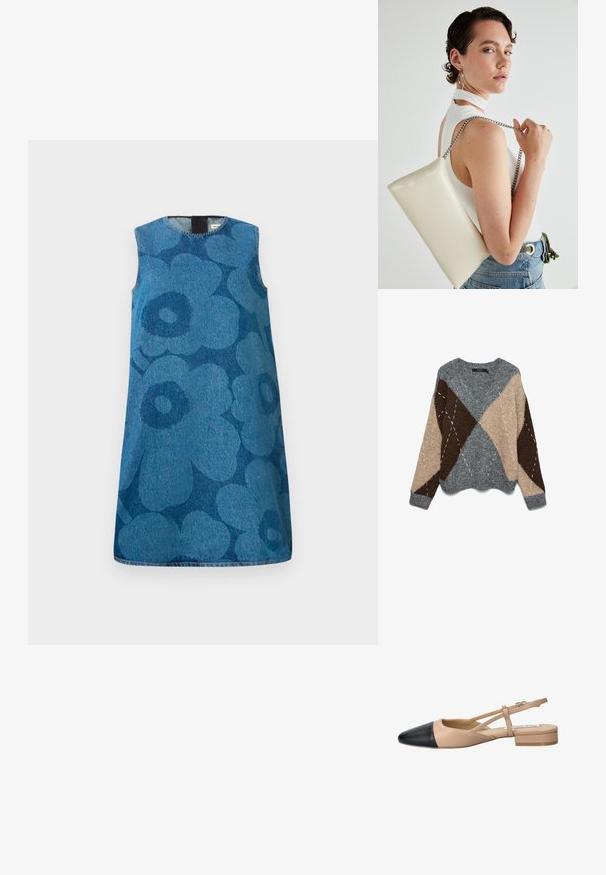 Sivý, béžový a hnědý pletený svetr se vzorem diamantů, širokým kulatým výstřihem a texturovaným povrchem. Má kontrastní bílé švy jako akcent.; Džínová šaty bez rukávů s květinovým vzorem v různých odstínech modré. Mají kulatý výstřih a rovný střih.; Beige a černé dvoubarevné slingback boty s špičatou špičkou, plochým podpatkem a křížovými popruhy. Hladká kožená textura.; Bílá obdélníková psaníčko vyrobené z lesklého materiálu, se stříbrným řetízkovým popruhem. Modelka pózuje a předvádí tašku na jednobarevném pozadí.