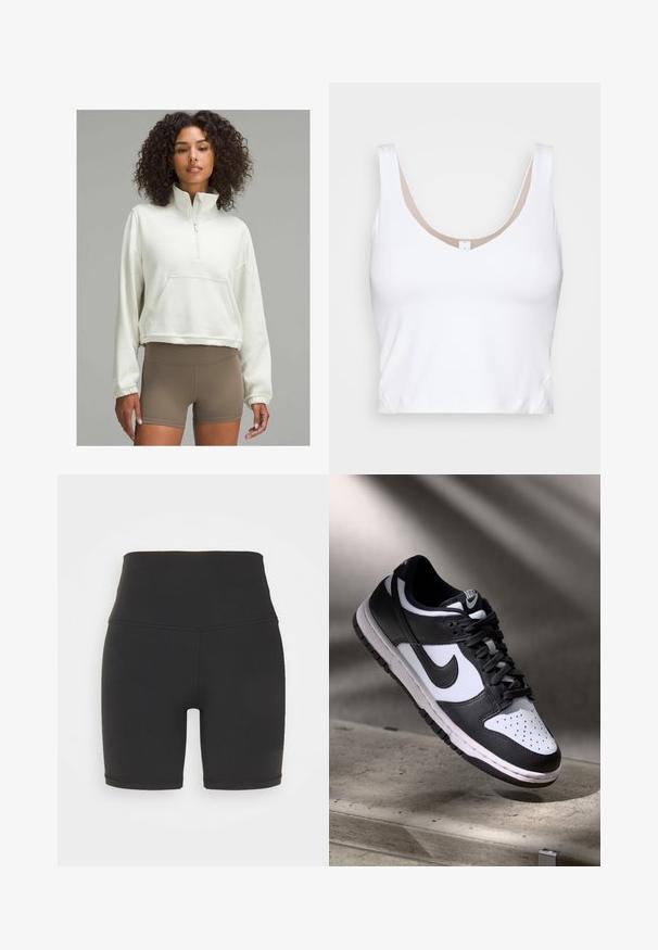 Ljust beige croppad sweatshirt med halv dragkedja, framficka och elastiska manschetter, tillsammans med bruna högmidjade shorts.; Vit crop top med rundad halsringning och breda axelband. Tillverkad av slät, elastisk tyg med en beige foderdetalj vid halsringningen.; Höga svarta träningsshorts i stretchigt tyg, med en slät yta, kort längd och stadiga sömnadsdetaljer.; Svart och vit Nike Dunk Low sneaker med ovandel i läder, perforerad tånbox och svarta snören, med en vit sula och logotypdetaljer.