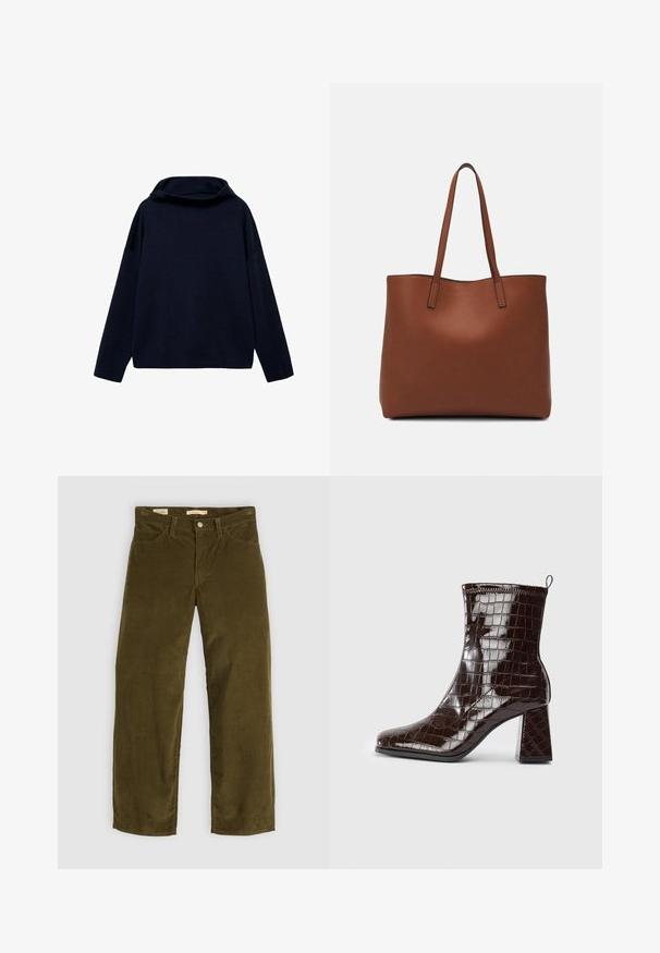 Tummansininen villapaita korkealla kauluksella, leveillä hihoilla ja rentolla istuvuudella. Pehmeä rakenne ja minimalistinen muotoilu ilman näkyviä kuvioita tai varusteita.; Tummansininen puuvillainen t-paita, jossa on lyhyet hihat, pyöreä pääntie ja suora helma. Silkyinen rakenne, ei kuvioita tai lisäkoristeluja.; Tummanvihreät corduroy-housut suoranlahkeisella muotoilulla, joissa on etutaskut ja nappisuljenta, sekä pystysuora ribbitekstuuri.; Tummanruskea lakkapintainen nilkkuri, jossa on krokotiilinaarmuinen pinta, lohkarekorko ja vetonauha takana vaaleaa taustaa vasten.; Ruskea nahkainen olkalaukku, jossa on sileä pinta, avoin yläosa ja kaksi olkahihnaa. Omaavat vain minimaalisen ompelun eikä näkyvää metalliosaa.