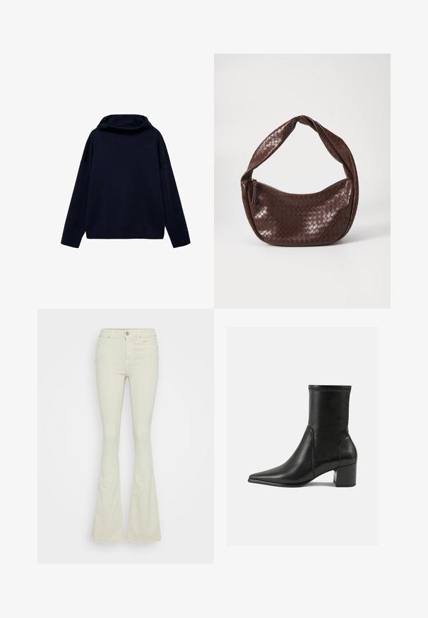 Tummansininen villapaita korkealla kauluksella, leveillä hihoilla ja rentolla istuvuudella. Pehmeä rakenne ja minimalistinen muotoilu ilman näkyviä kuvioita tai varusteita.; Laskostetut farkut vaaleasta beigejä puuvilladenimistä, joissa on korkea vyötärö, viisi taskua ja klassinen metallinappikiinnitys vetoketjulla.; Mustat nilkkurit, jotka on valmistettu sileästä nahasta, kärjessä on terävä muoto, paksu korko ja selkeästi kohoavat ompeleet yläreunassa.; Ruskea kudottu nahkalaukku, jossa on kaareva, solmittu kahva ja vetoketjukiinnitys. Sujuva pinta ja pyöreä muoto.