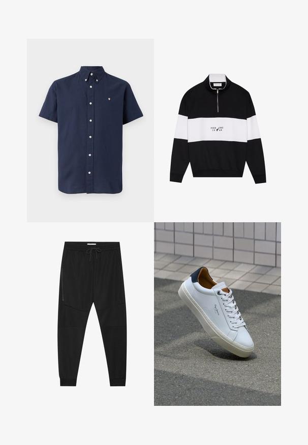 Pier One Melegítőfelső - jet black; Rövidujjú sötétkék póló, pamutból készült, gombos nyakkal, elöl gombokkal és egy kis hímzett logóval a mellrészen.; Fekete sportnadrág texturált anyagból, állítható derékkal, cipzáras oldalzsebbel és szűkített szegéllyel.; Fehér bőr sneaker sötétkék sarkúval, kerek orral és kontrasztos barna részletekkel. Lapított fűzőkkel és textúrált gumitalppal rendelkezik.