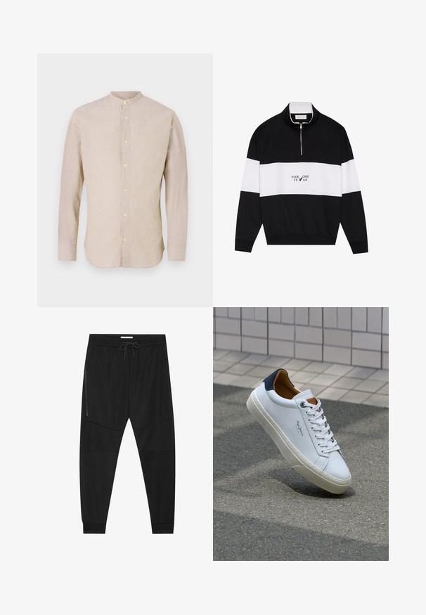 Pier One Sweatshirt - jet black; Langermet button-up skjorte i lys beige stoff med mandarin krage og gule knapper. Glatt tekstur og skreddersydd passform.; Sorte treningsbukser laget av teksturert stoff, med justerbart liv, glidelåslomme på siden og avsmalnende mansjetter.; Hvit lærsneaker med marineblå hæl, rund tå og kontrasterende brune detaljer. Har flate lisser og teksturert gummisåle.