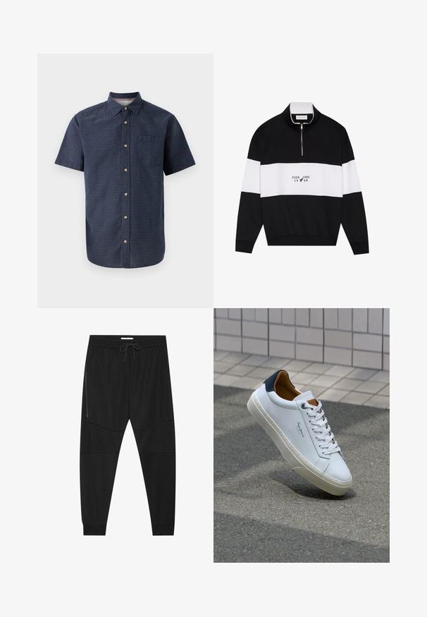 Pier One Sweatshirt - jet black; Kortärmad herrskjorta i mörkblått tyg med texturerat mönster, krage, knappstängning fram och en bröstficka.; Svarta träningsbyxor i texturerad tyg, med justerbart midjeband, ficka med dragkedja på sidan och avsmalnande muddar.; Vita lädersneakers med en marinblå häl, rund tå och kontrasterande bruna detaljer. Har plana snören och en texturerad gummisula.
