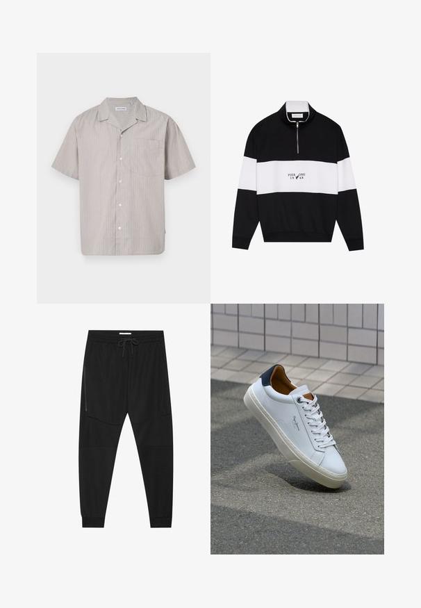 Pier One Športni pulover - jet black; Majica s kratkimi rokavi v svetli bež barvi z navpičnimi črtami v modri in rjavi barvi. Ima gumbasto zapiranje spredaj in žep na prsih. Mehak tekstil.; Črne športne hlače iz teksturirane tkanine, z nastavljivim pasom, stranskim žepom na zadrgo in zoženimi manšeti.; Beli usnjeni čevelj s plavo peto, okrogelimi prsti in kontrastnimi rjavimi detajli. Ima ravne vezalke in teksturiran gumijast podplat.