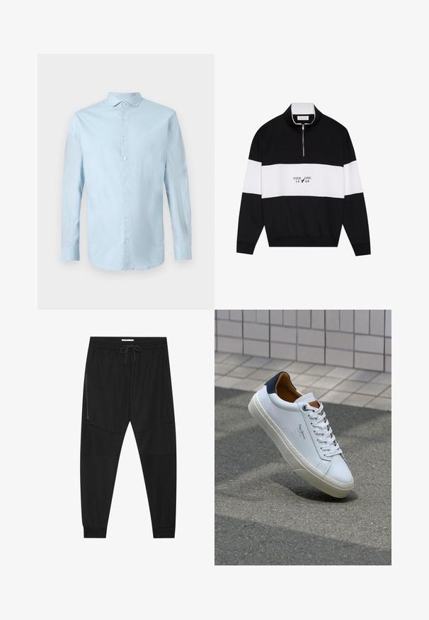 Pier One Pusa - jet black; Hele sinine pika varrukaga nööbiga särk klassikalise kraega, valged nööbid ja veidi kortsus kangastruktuur.; Mustad mustad teksitootest valmistatud mustad treeningpüksid, millel on reguleeritav vöökoht, tõmblukuga küljetasku ja kitsenevad varrukad.; Valge nahast tennis, millel on tumesinine konts, ümmargune nina ja kontrastsed pruuni aktsendid. Omab lamepaelti ja tekstureeritud kummist tallat.