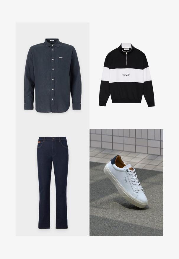 Pier One Sweater - jet black; Donkerblauwe langermig overhemd van linnen, met een button-down kraag, een borstzak en witte knopen. Wrangler-logo op de zak.; Donkerblauwe denim jeans met een rechte pijp, voorzien van oranje stiksels, vijf zakken en een knoopsluiting in de taille.; Witte leren sneaker met een marineblauwe hiel, ronde neus en contrasterende bruin accent. Beschikt over platte veters en een gestructureerde rubberen zool.