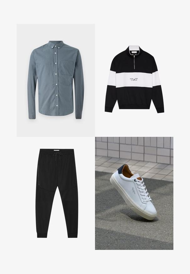 Pier One Felpa - jet black; Camicia con bottoni di colore blu ardesia, maniche lunghe, colletto classico, taschino singolo sul petto e bottoni bianchi con una texture di tessuto liscia.; Pantaloni sportivi neri in tessuto texturizzato, dotati di una vita regolabile, tasca laterale con zip e polsini a gamba affusolata.; Sneaker bianca in pelle con tallone blu, punta rotonda e accenti marroni a contrasto. Presenta lacci piatti e suola in gomma testurizzata.