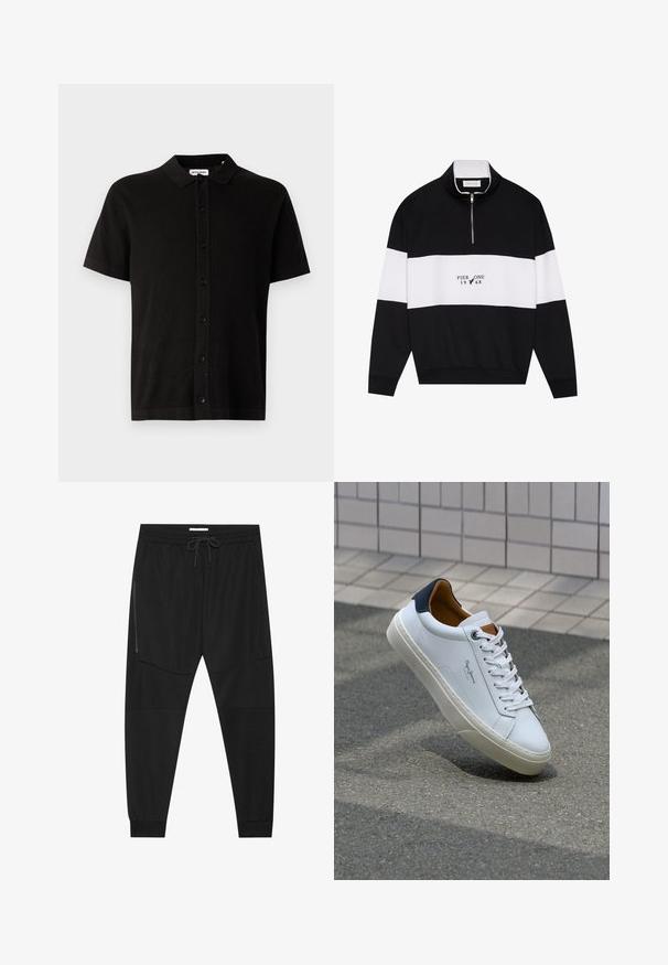 Pier One Sweatshirt - jet black; Chemise en tricot noir à manches courtes avec col, fermeture à boutons à l'avant, et un motif texturé subtil. Design classique avec une coupe décontractée.; Pantalons de sport noirs en tissu texturé, dotés d'une taille réglable, d'une poche latérale zippée et de chevrons resserrés.; Sneaker en cuir blanc avec un talon bleu marine, bout rond et accents marron contrastés. Dispose de lacets plats et d'une semelle en caoutchouc texturée.