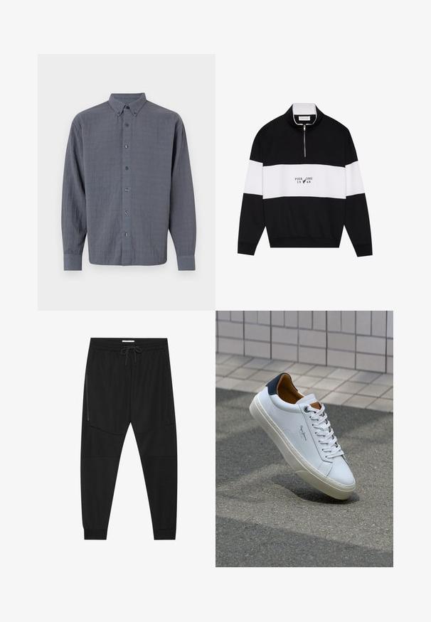 Pier One Sweatshirt - jet black; Gray button-up shirt with long sleeves, made of textured fabric, featuring a classic collar and six front buttons.; Black athletic pants made of textured fabric, featuring an adjustable waistband, zippered side pocket, and tapered cuffs.; White leather sneaker with a navy heel, round toe, and contrasting brown accents. Features flat laces and textured rubber sole.