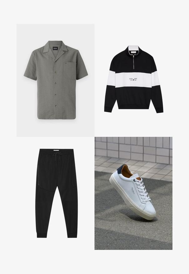 Pier One Sweatshirt - jet black; Short-sleeve, gray shirt made of textured fabric, featuring a pointed collar, chest pocket, and dark buttons down the front.; Black athletic pants made of textured fabric, featuring an adjustable waistband, zippered side pocket, and tapered cuffs.; White leather sneaker with a navy heel, round toe, and contrasting brown accents. Features flat laces and textured rubber sole.