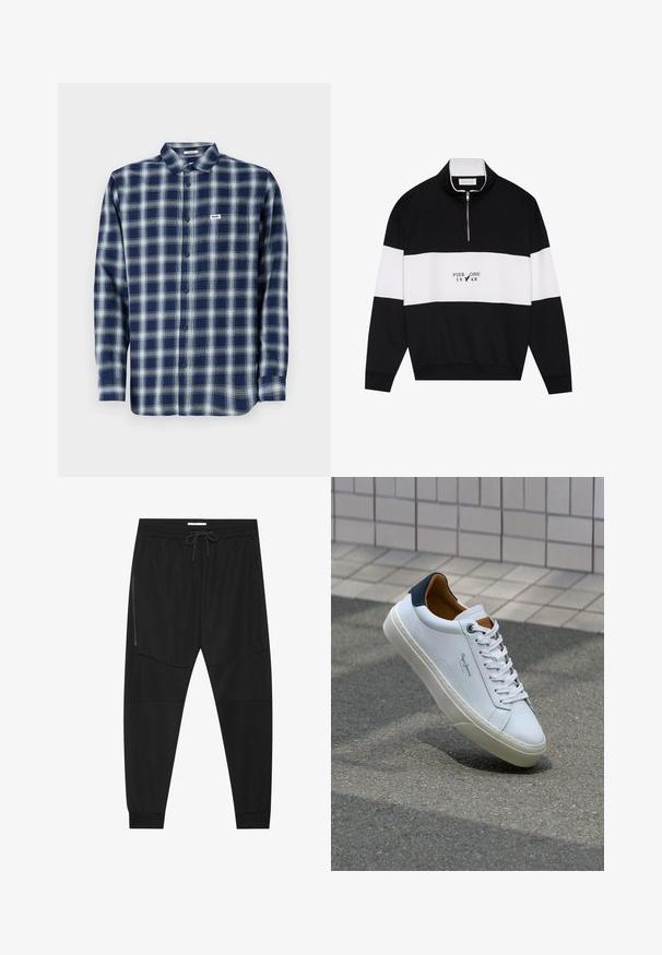 Pier One Collegepaita - jet black; Sininen ja valkoinen ruudullinen napitettava paita, puuvillamateriaalia, pitkät hihat, vasemmassa rinnassa pieni logotagi. Klassinen kaul 디자인.; Mustat urheiluhousut, jotka on valmistettu teksturoidusta kankaasta. Housuissa on säädettävä vyötärö, vetoketjullinen sivutasku ja kapenevat hihnat.; Valkoinen nahkakenkä, jossa on tummansininen kantapää, pyöreä kärki ja ristikkäiset ruskeat korostukset. Varustettu tasapaksuilla nauhoilla ja teksturoidulla kumipohjalla.