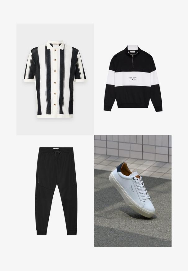 Pier One Sweatshirt - jet black; Svartvit randig kortärmad skjorta med knappstängning framtill, tillverkad av ett texturerat stickat material. Utrustad med runda bruna knappar.; Svarta träningsbyxor i texturerad tyg, med justerbart midjeband, ficka med dragkedja på sidan och avsmalnande muddar.; Vita lädersneakers med en marinblå häl, rund tå och kontrasterande bruna detaljer. Har plana snören och en texturerad gummisula.