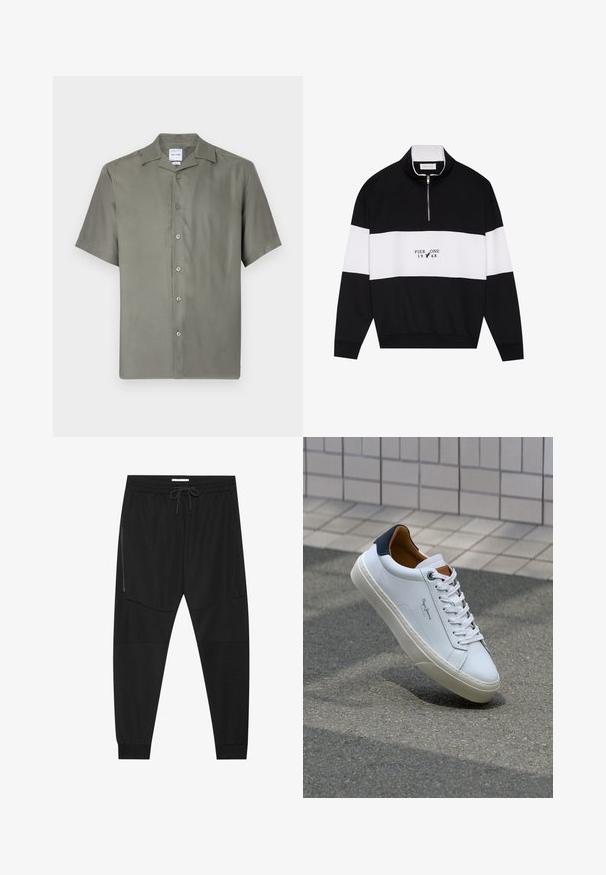 Pier One Sweatshirt - jet black; Kortærmet skjorte med knaplukning i dæmpet olivengrønt stof. Har en klassisk krave, syv frontknapper og en afslappet pasform. Glat tekstur.; Sorte træningsbukser lavet af tekstureret stof, med justerbar talje, lynlåslomme på siden og tapered cuffs.; Hvide lædersneakers med en marineblå hæl, rund tå og kontrasterende brune detaljer. Har flade snørebånd og en tekstureret gummisål.