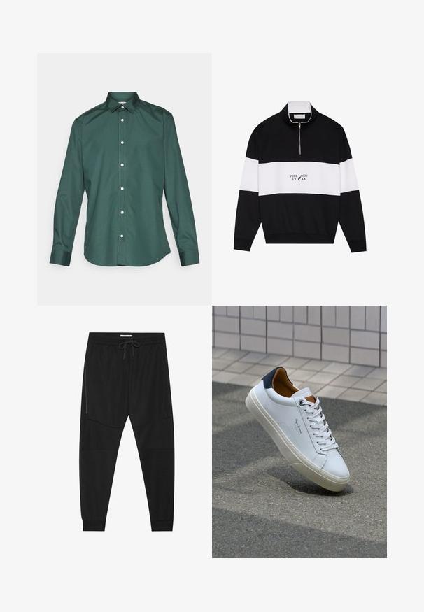 Pier One Sweatshirt - jet black; Grøn button-up skjorte lavet af glat stof, med klassisk krave, lange ærmer og hvide knapper langs fortil. Ingen mønstre.; Sorte træningsbukser lavet af tekstureret stof, med justerbar talje, lynlåslomme på siden og tapered cuffs.; Hvide lædersneakers med en marineblå hæl, rund tå og kontrasterende brune detaljer. Har flade snørebånd og en tekstureret gummisål.