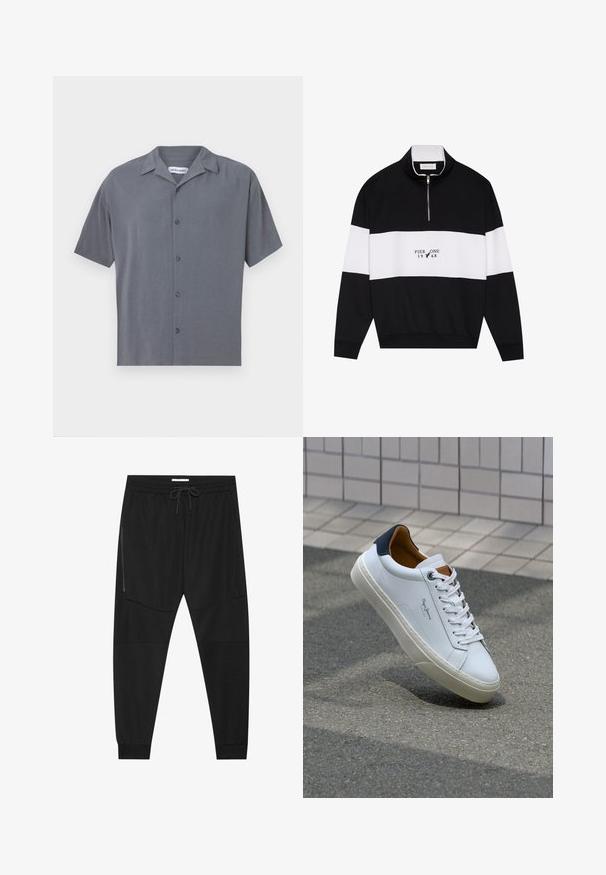 Pier One Pusa - jet black; Lühikeste varrukatega nööbiga shirt tumehall, valmistatud siledast kangast. Omab laia kraed ja kuute esipaneeli nuppu. Minimalistlik disain.; Mustad mustad teksitootest valmistatud mustad treeningpüksid, millel on reguleeritav vöökoht, tõmblukuga küljetasku ja kitsenevad varrukad.; Valge nahast tennis, millel on tumesinine konts, ümmargune nina ja kontrastsed pruuni aktsendid. Omab lamepaelti ja tekstureeritud kummist tallat.