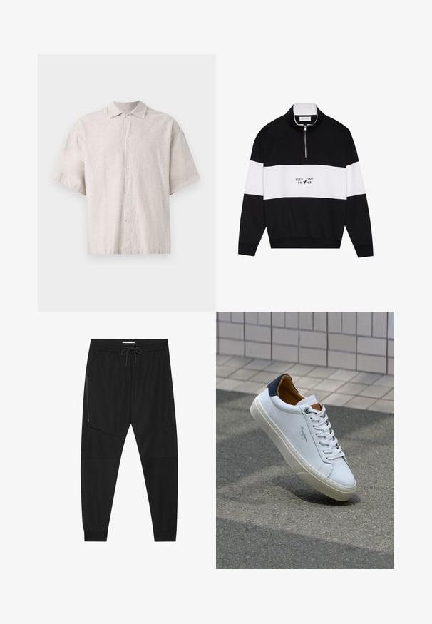 Pier One Sweatshirt - jet black; Light gray short-sleeve shirt made from linen. Features a button-down front, a flat collar, and a relaxed fit with a soft texture.; Black athletic pants made of textured fabric, featuring an adjustable waistband, zippered side pocket, and tapered cuffs.; White leather sneaker with a navy heel, round toe, and contrasting brown accents. Features flat laces and textured rubber sole.