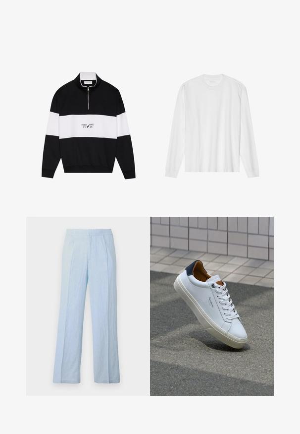 Pier One Sweatshirt - jet black; Langarmet hvit t-skjorte i bomull med rund hals og ribbestrikkede mansjetter. Enkelt, uornamentert design med glatt tekstur og standard passform.; Lyseblå, vide bukser i blødt stof med ribbet tekstur og elastisk talje, med frontfolder og en afslappet pasform.; Hvit lærsneaker med marineblå hæl, rund tå og kontrasterende brune detaljer. Har flate lisser og teksturert gummisåle.