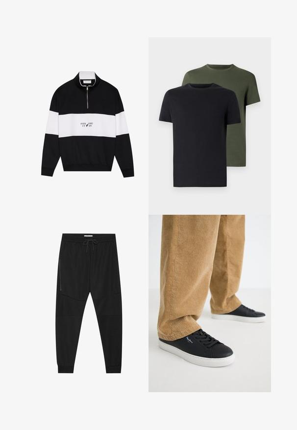 Pier One Melegítőfelső - jet black; Két crew neck póló fekete és olíva zöld színben, puha pamut anyagból. A design egyszerű, rövid ujjú és egyenes szabású.; Fekete sportnadrág texturált anyagból, állítható derékkal, cipzáras oldalzsebbel és szűkített szegéllyel.; Fekete bőr tornacipők fehér gumitalppal. Bézs kordbársony nadrággal viselve, amely függőleges bordázott mintával és laza szabással rendelkezik.