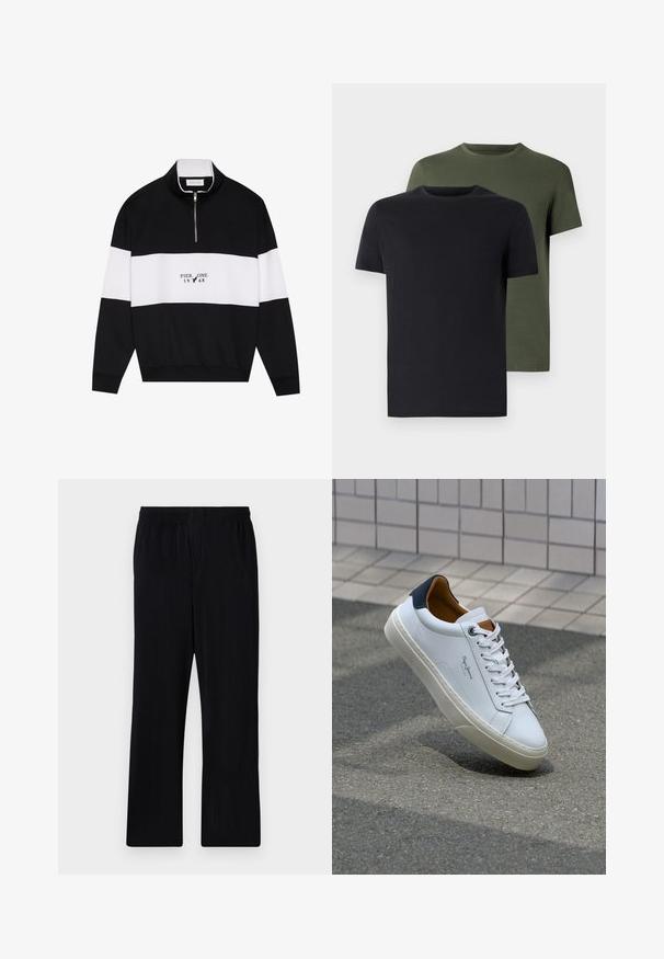 Pier One - Bluza; Dwa t-shirty z okrągłym dekoltem w czarnym i oliwkowym kolorze, wykonane z miękkiej bawełny. Design jest prosty, posiada krótkie rękawy i prosty krój.; Czarne, plisowane spodnie z elastycznym pasem, prostym fasonem i strukturalną tkaniną. Brak widocznych kieszeni lub akcentów.; Białe skórzane trampki z granatowym piętkiem, okrągłym noskiem i kontrastowymi brązowymi akcentami. Posiadają płaskie sznurówki i teksturowaną gumową podeszwę.