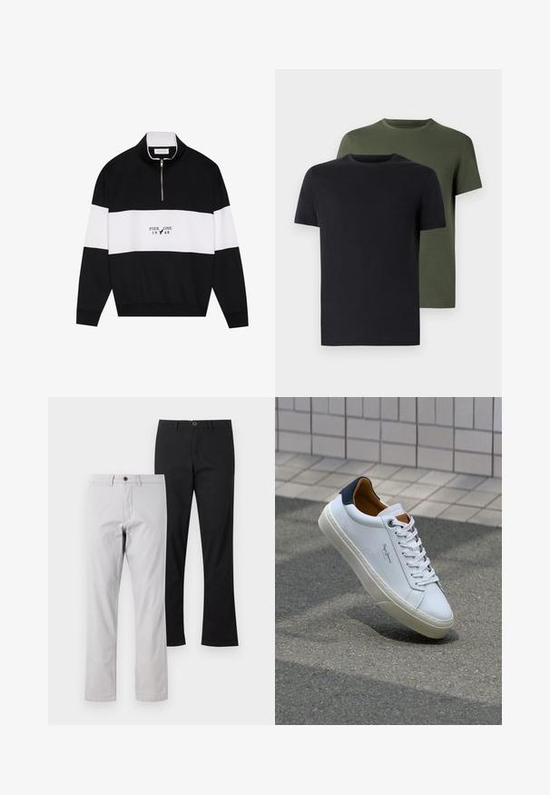 Pier One Sweatshirt - jet black; Två crew-neck t-shirts i svart och olivgrön, tillverkade av mjukt bomullstyg. Designen är enkel med korta ärmar och rak passform.; Två par raka byxor: ett par i ljusgrått med en brun knapp och ett par i helsvart. Båda har en mjuk bomullstextur.; Vita lädersneakers med en marinblå häl, rund tå och kontrasterande bruna detaljer. Har plana snören och en texturerad gummisula.