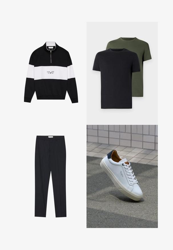 Pier One Sweatshirt - jet black; Deux t-shirts col ras du cou en noir et vert olive, fabriqués en coton doux. Le design est simple avec des manches courtes et une coupe droite.; Pantalons noirs ajustés avec un devant plat, coupe régulière, en tissu lisse, avec des plis pressés et des poches latérales.; Sneaker en cuir blanc avec un talon bleu marine, bout rond et accents marron contrastés. Dispose de lacets plats et d'une semelle en caoutchouc texturée.