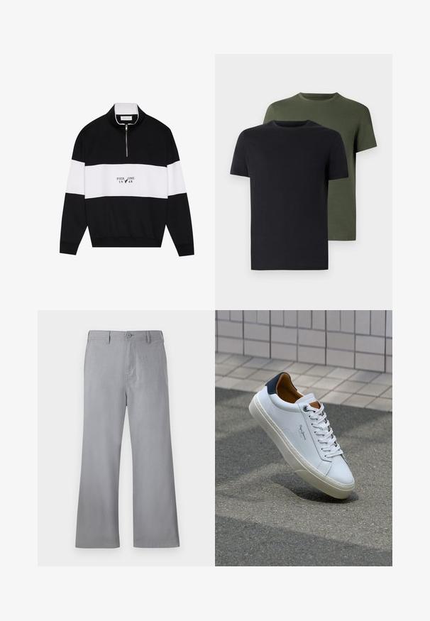 Pier One Camisola - jet black; Duas t-shirts de gola redonda nas cores preto e verde-oliva, feitas de um tecido de algodão suave. O design é simples, com mangas curtas e corte reto.; Calças largas cinzentas feitas de um tecido suave, apresentando um fecho frontal por botão, passantes para cinto e um design limpo, sem padrões ou detalhes visíveis.; Sapatilha de couro branco com calcanhar azul marinho, bico redondo e detalhes em castanho contrastantes. Apresenta atacadores planos e sola de borracha texturizada.