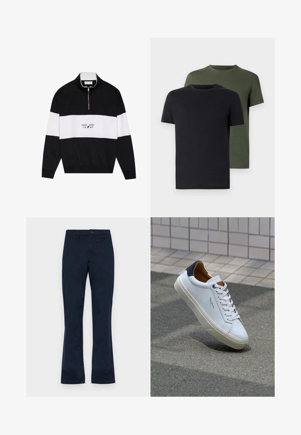 Pier One Sportska majica - jet black; Dva majica s okruglim izrezom u crnoj i maslinastoj boji, napravljena od mekanog pamučnog materijala. Dizajn je jednostavan s kratkim rukavima i ravnim krojem.; Pamučne hlače tamnoplave boje sa ravnim krojem, s prednjim zatvaranjem na gumb, petljama za pojas i dva bočna džepa. Glatka tekstura.; Bijela kožna tenisica s mornarskom petom, okruglim vrhom i kontrastnim smešnim akcentima. Sadrži ravne vezice i teksturiranu gumenu potplat.